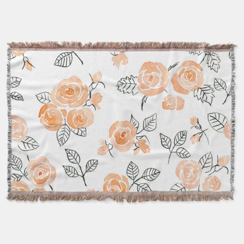 Watercolor Roses Ink White Background Throw Blanket