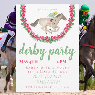 Watercolor Roses Jockey Horse Derby Party Invitation