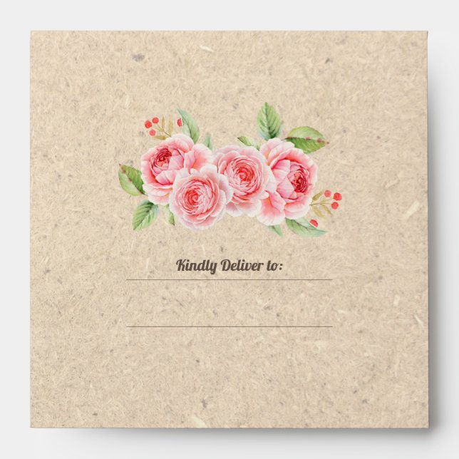 Watercolor Roses | Kraft Paper Wedding Envelopes (Front)