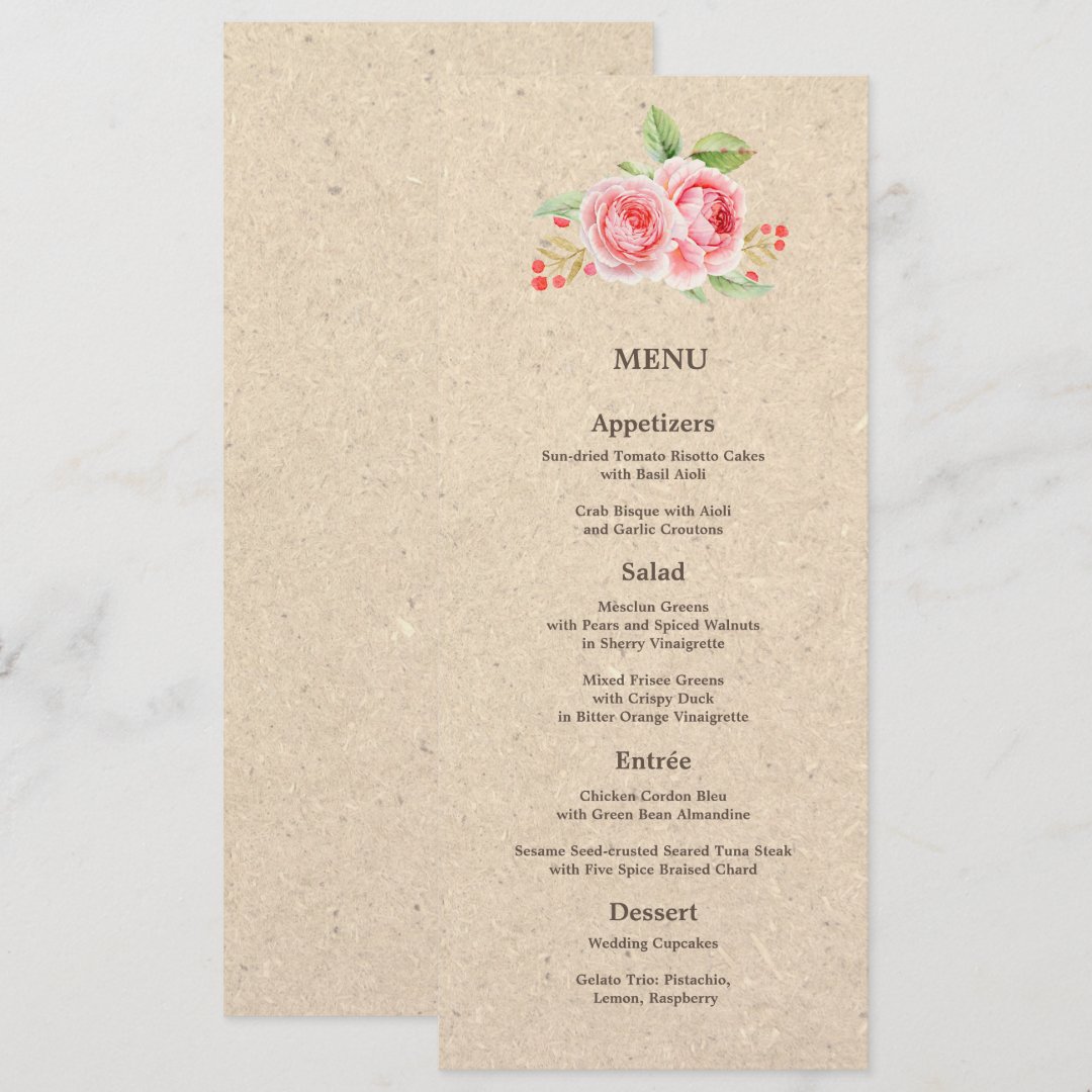 Watercolor Roses Kraft Paper Wedding Menu Cards Zazzle