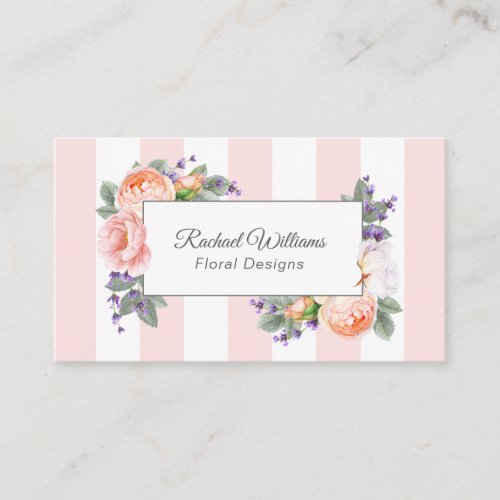 Watercolor Roses Lavender and Pink Stripes Business Card