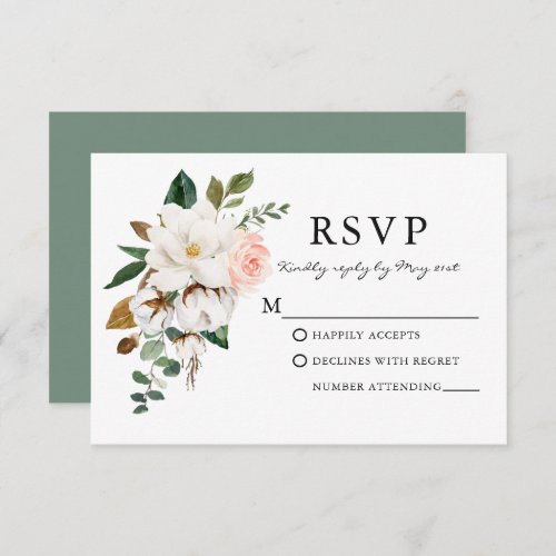 Watercolor Roses Magnolias Wedding Sage Green RSVP Card
