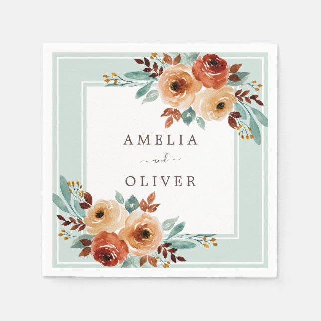 Watercolor Roses Mint Green Wedding Napkins (Front)