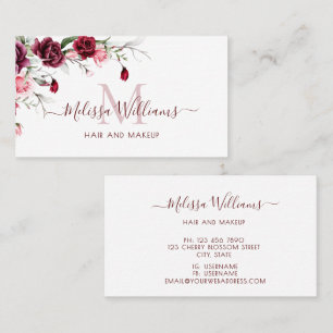 Watercolor Roses Monogram Black Business Card