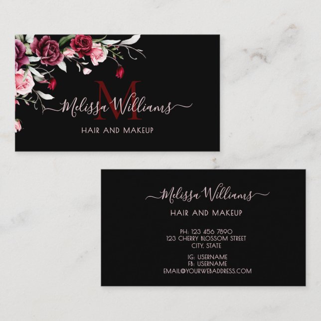 Watercolor Roses Monogram Black Business Card (Front/Back)