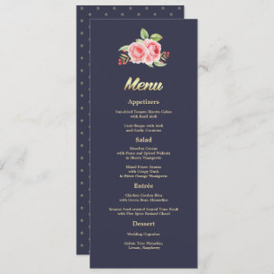 Watercolor Roses Navy Blue Wedding Menu Card