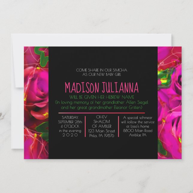 WATERCOLOR ROSES NEON Jewish Baby Naming Invitation (Front)