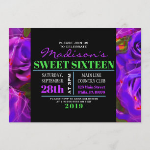 WATERCOLOR ROSES NEON Sweet Sixteen Invitation
