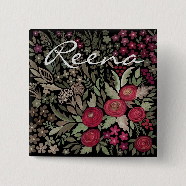 Watercolor roses, on a black background, watercolo button (Front)