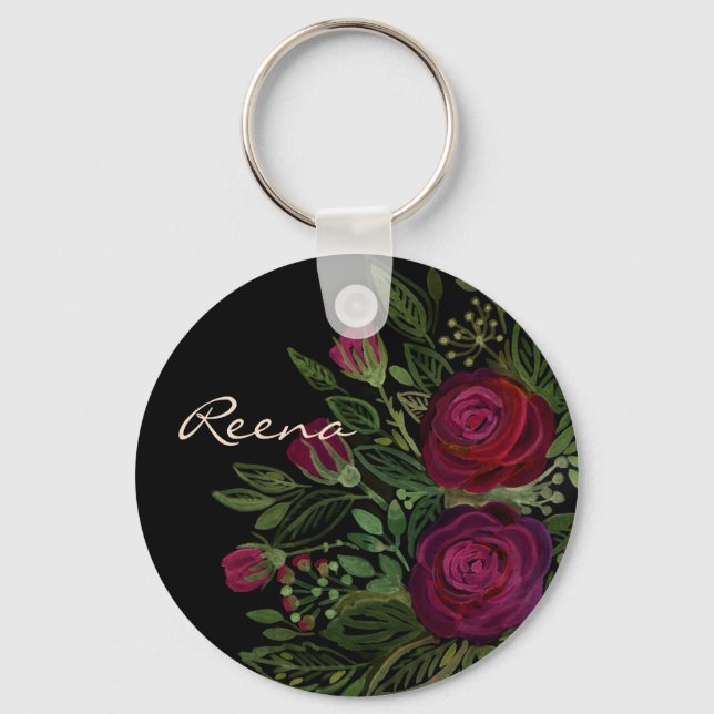 Watercolor roses, on a black background, watercolo keychain (Front)