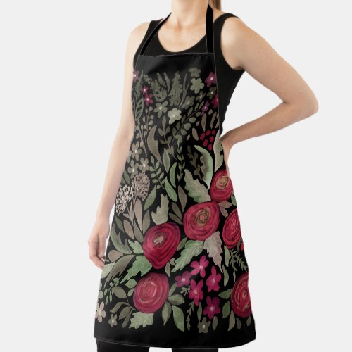 Watercolor roses on a black background watercolor apron