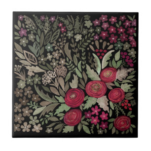 Watercolor roses on a black background, watercolor ceramic tile