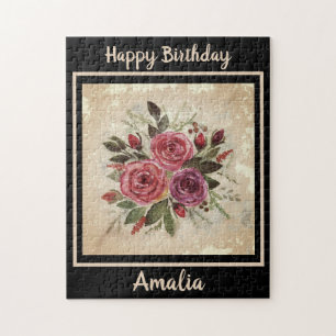 Watercolor roses on a black background, watercolor jigsaw puzzle