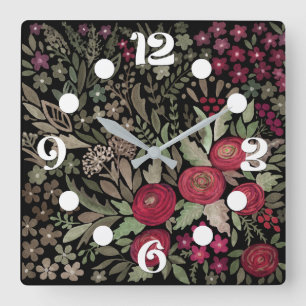 Watercolor roses on a black background, watercolor square wall clock