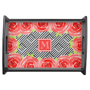 Watercolor Roses on Black and White Serving Tray