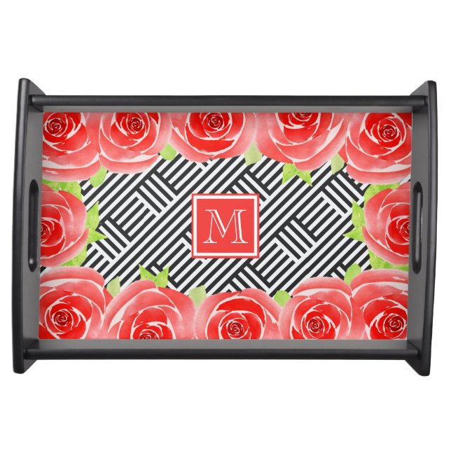Watercolor Roses on Black and White Serving Tray (Front)