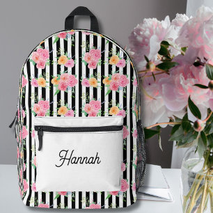 Watercolor Roses on Black and White Stripes Printed Backpack
