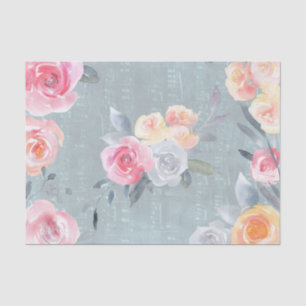 watercolor roses on blue old music sheet texture