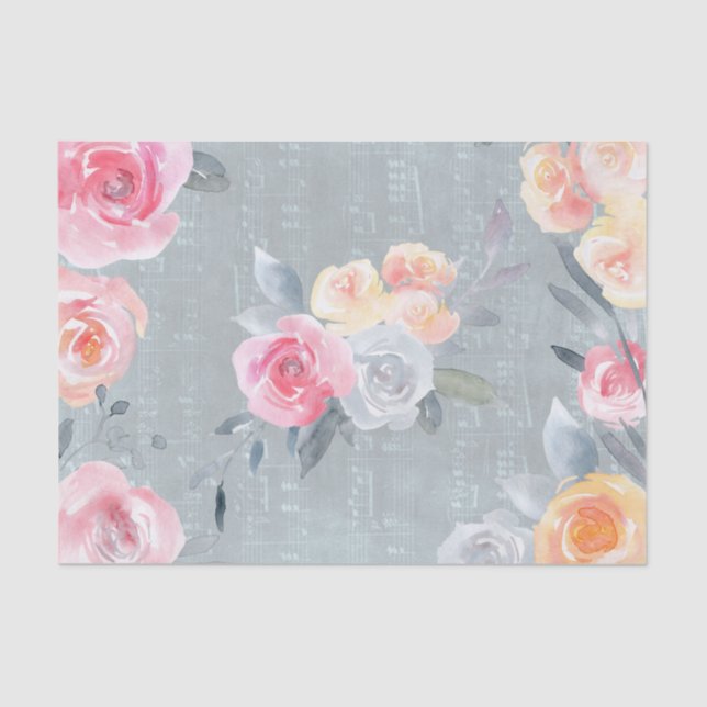 watercolor roses on blue old music sheet texture (Front)