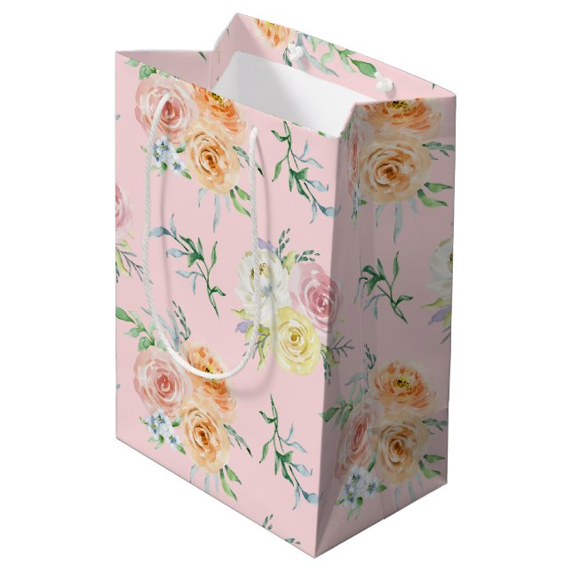 Watercolor Roses on Blush Pink Medium Gift Bag (Back Angled)