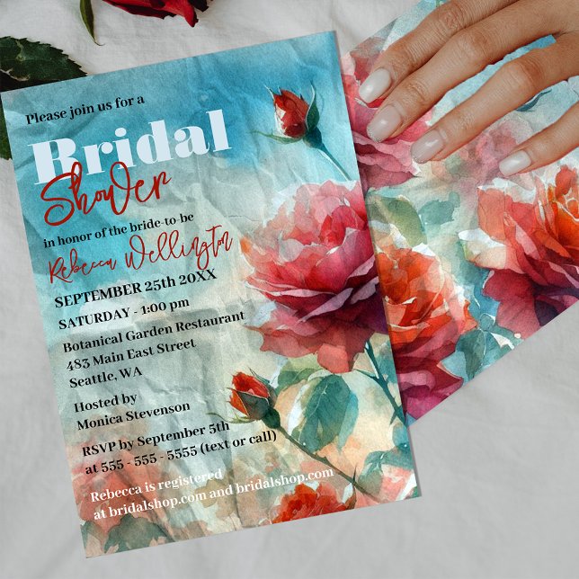 Watercolor Roses on Crumpled Paper Bridal Shower Invitation (Creator Uploaded)