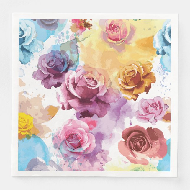 Watercolor Roses Paper Dinner Napkins (Front)