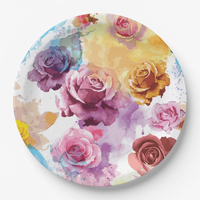 Watercolor Roses Paper Plates (Front)