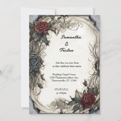 Watercolor Roses Parchment Goth Wedding Invitation