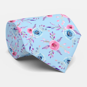 Watercolor Roses Pattern Blue Neck Tie