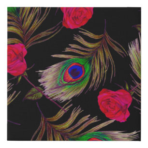 Watercolor roses, peacock feathers, decorative. faux canvas print