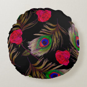 Watercolor roses, peacock feathers, decorative. round pillow