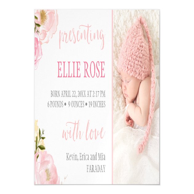 Watercolor Roses Photo Birth Announcement Magnet