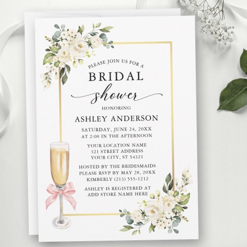 Watercolor Roses Pink Bow Bridal Shower Invitation