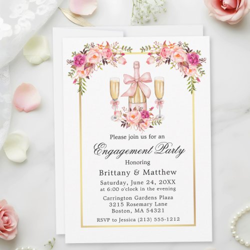Watercolor Roses Pink Bow Engagement Party Invitation