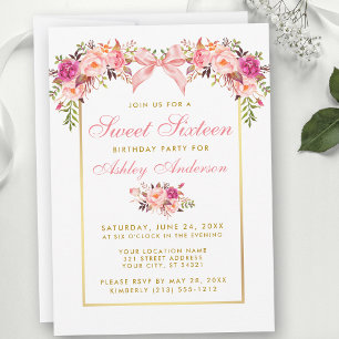 Watercolor Roses Pink Bow Sweet Sixteen Party Invitation