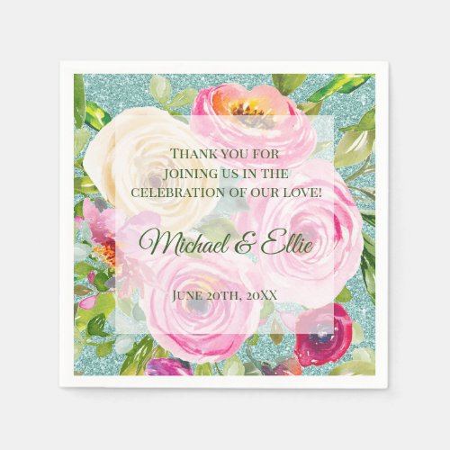 Watercolor Roses Pink Cream Aqua Glitter Wedding Napkins