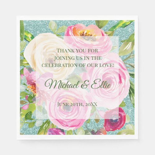 Watercolor Roses Pink Cream Aqua Glitter Wedding Napkins