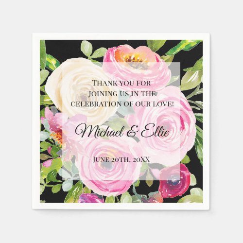 Watercolor Roses Pink Cream on Black Wedding Napkins