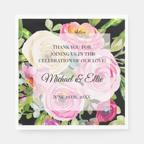 Watercolor Roses Pink Cream on Black Wedding Napkins