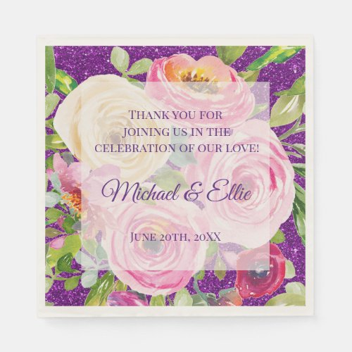 Watercolor Roses Pink Cream on Purple Wedding Napkins