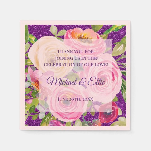 Watercolor Roses Pink Cream on Purple Wedding Napkins