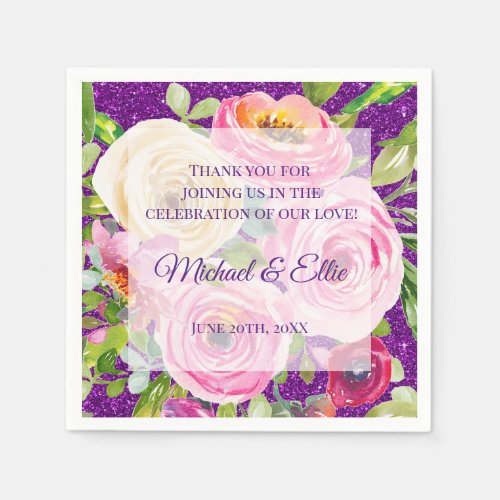 Watercolor Roses Pink Cream on Purple Wedding Napkins