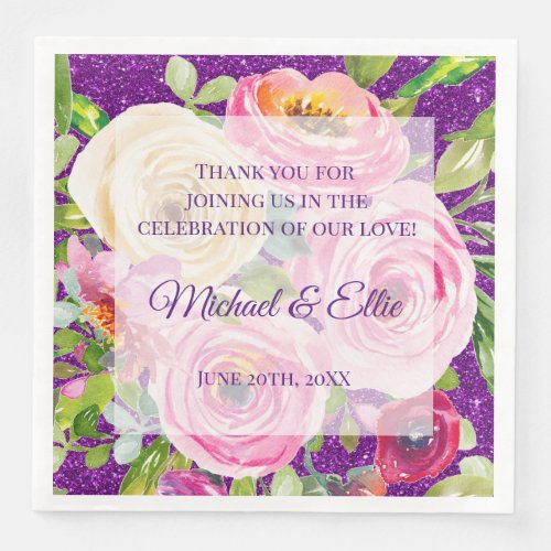 Watercolor Roses Pink Cream on Purple Wedding Paper Dinner Napkins