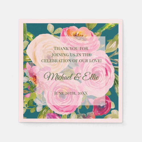 Watercolor Roses Pink Cream on Teal Wedding Napkins