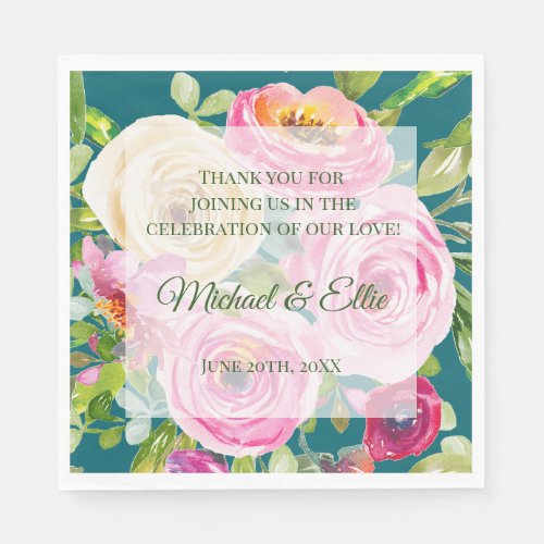 Watercolor Roses Pink Cream on Teal Wedding Napkins