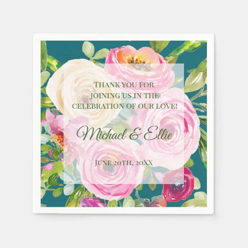 Watercolor Roses Pink Cream on Teal Wedding Napkins