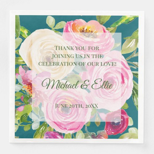 Watercolor Roses Pink Cream on Teal Wedding Paper Dinner Napkins