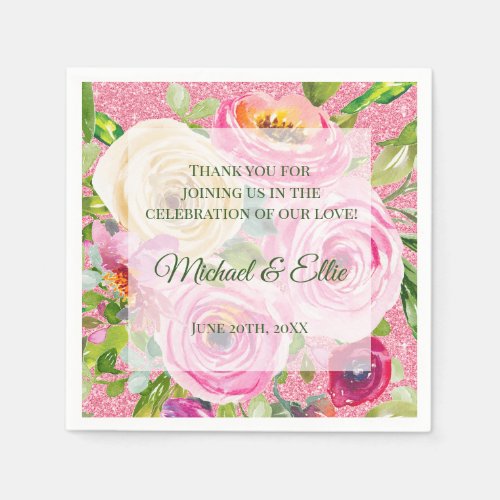 Watercolor Roses Pink Cream Pink Glitter Wedding Napkins