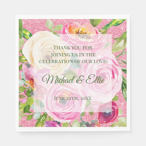 Watercolor Roses Pink Cream Pink Glitter Wedding Napkins