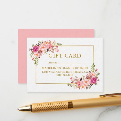 Watercolor Roses Pink Floral Gold Gift Card